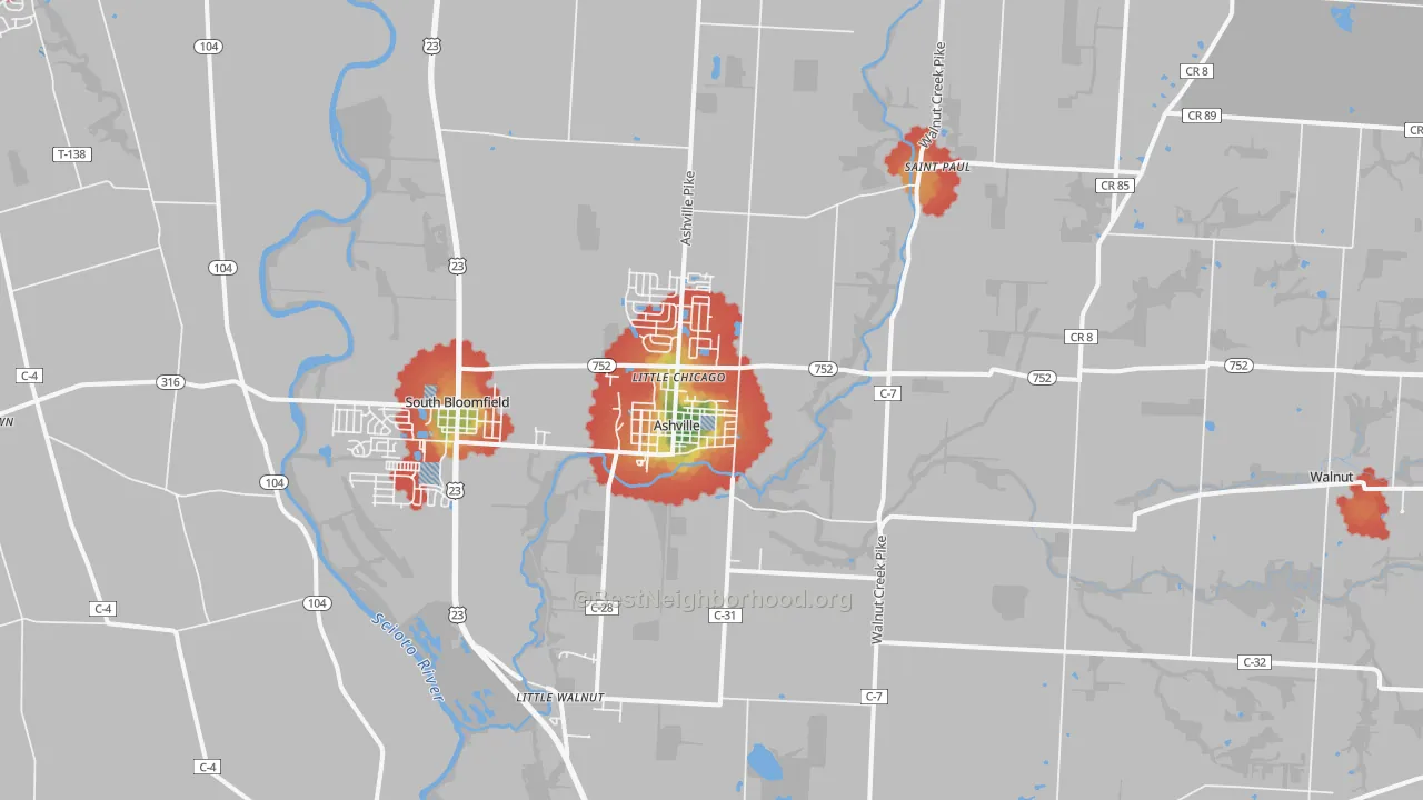 Walk Grade map of Ashville, OH, walkable areas in green and car-dependent areas in red