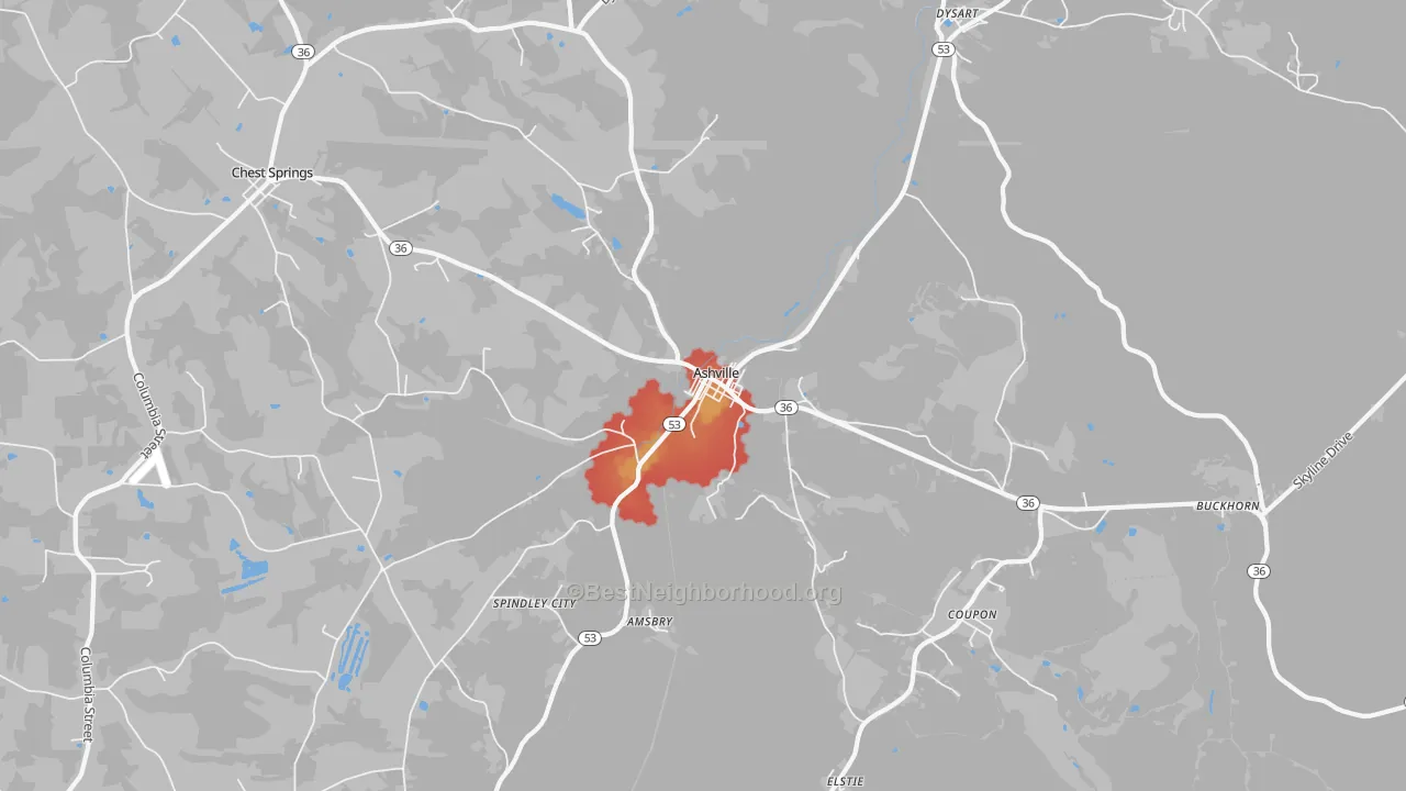 Walk Grade map of Ashville, PA, walkable areas in green and car-dependent areas in red