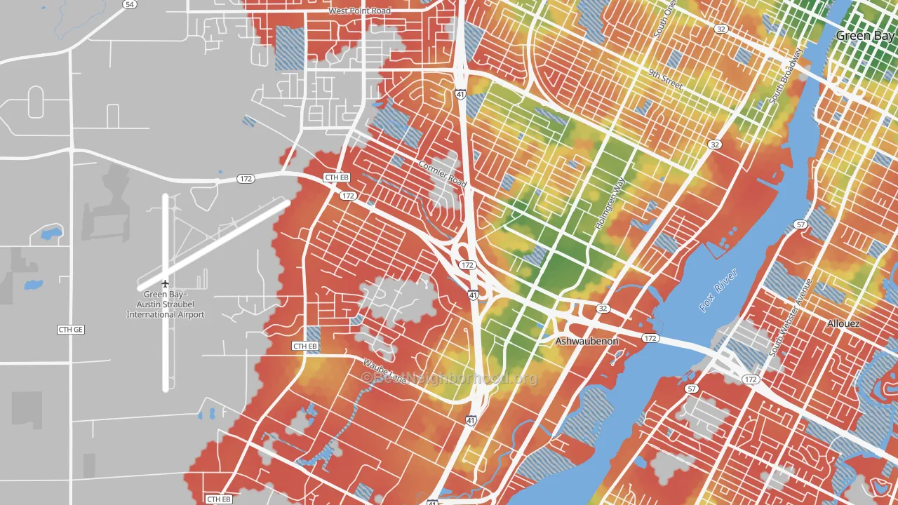 Walk Grade map of Ashwaubenon, WI, walkable areas in green and car-dependent areas in red