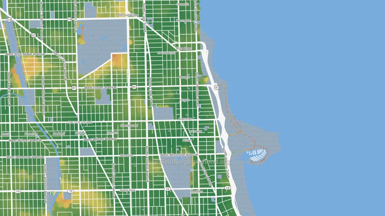 Walk Grade map of Asia on Argyle, Chicago, IL, walkable areas in green and car-dependent areas in red