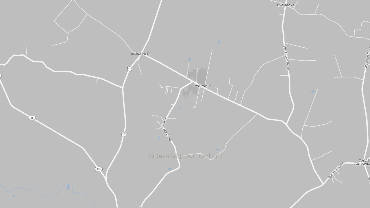Walk Grade map of Askewville, NC, walkable areas in green and car-dependent areas in red