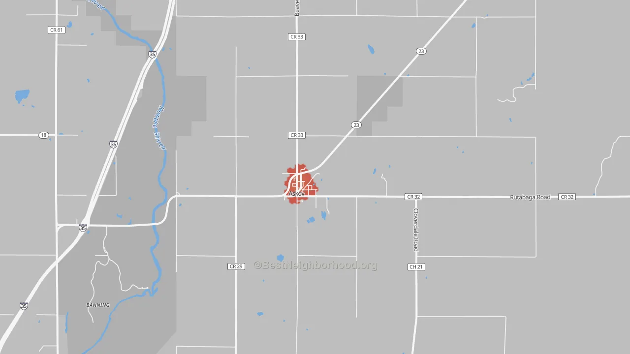 Walk Grade map of Askov, MN, walkable areas in green and car-dependent areas in red