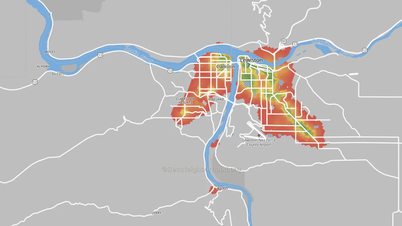 Walk Grade map of Asotin County, WA, walkable areas in green and car-dependent areas in red