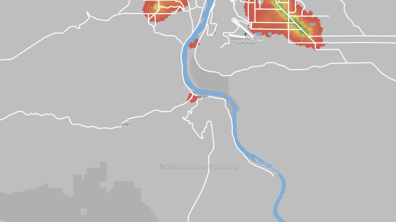 Walk Grade map of Asotin, WA, walkable areas in green and car-dependent areas in red