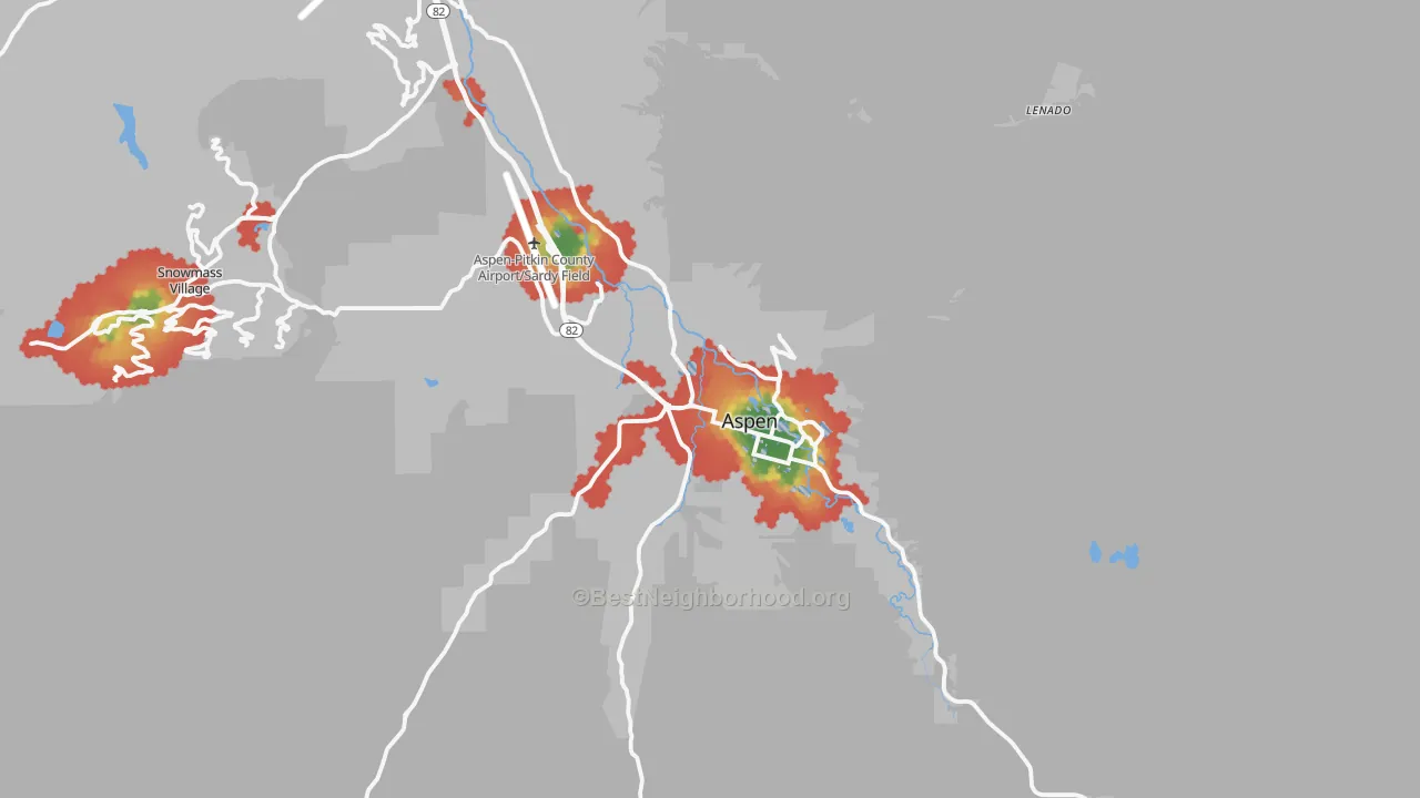 Walk Grade map of Aspen, CO, walkable areas in green and car-dependent areas in red