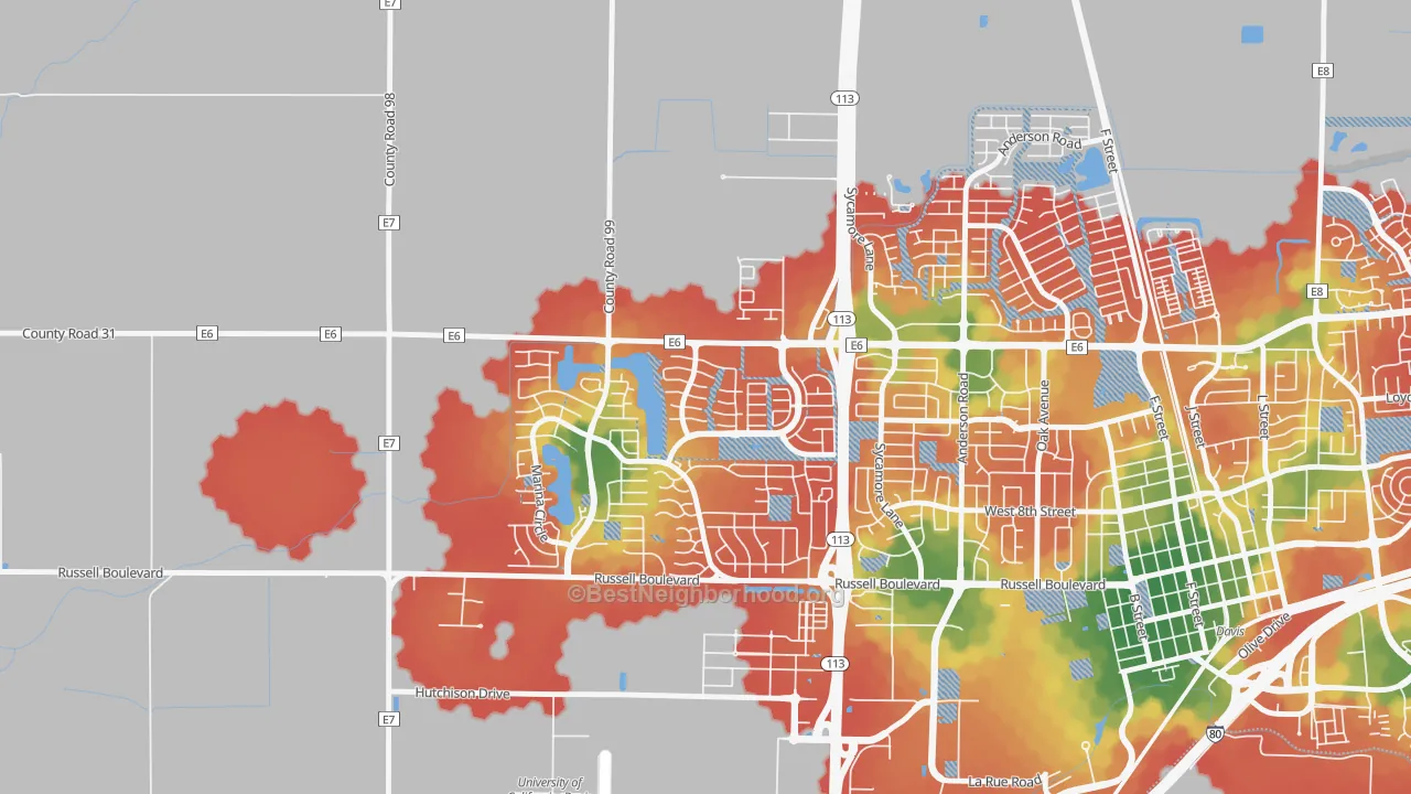 Walk Grade map of Aspen, Davis, CA, walkable areas in green and car-dependent areas in red