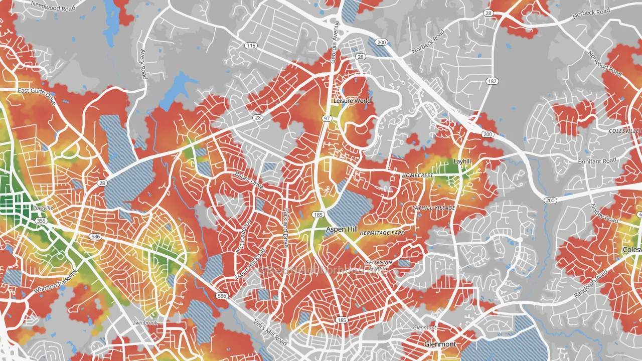 Walk Grade map of Aspen Hill, MD, walkable areas in green and car-dependent areas in red