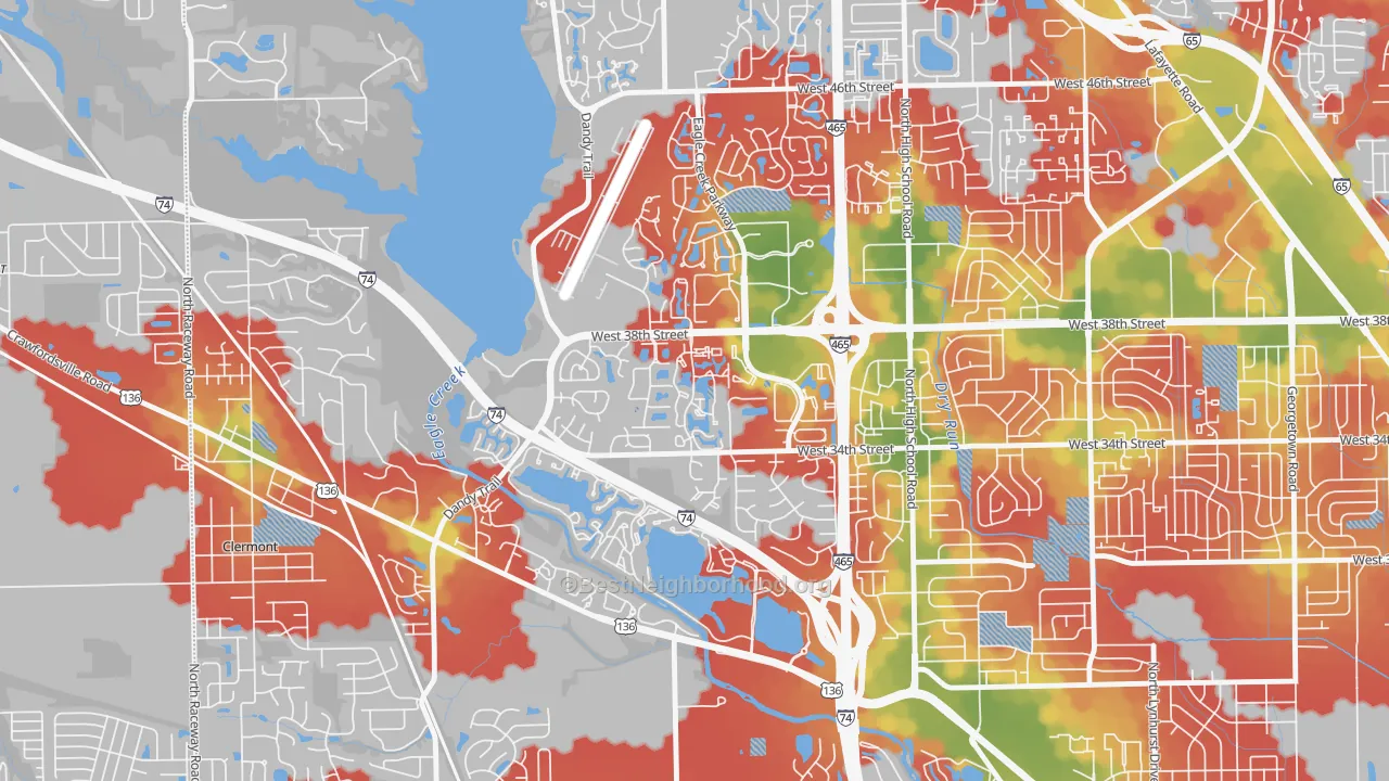 Walk Grade map of Aspen Ridge, Indianapolis, IN, walkable areas in green and car-dependent areas in red