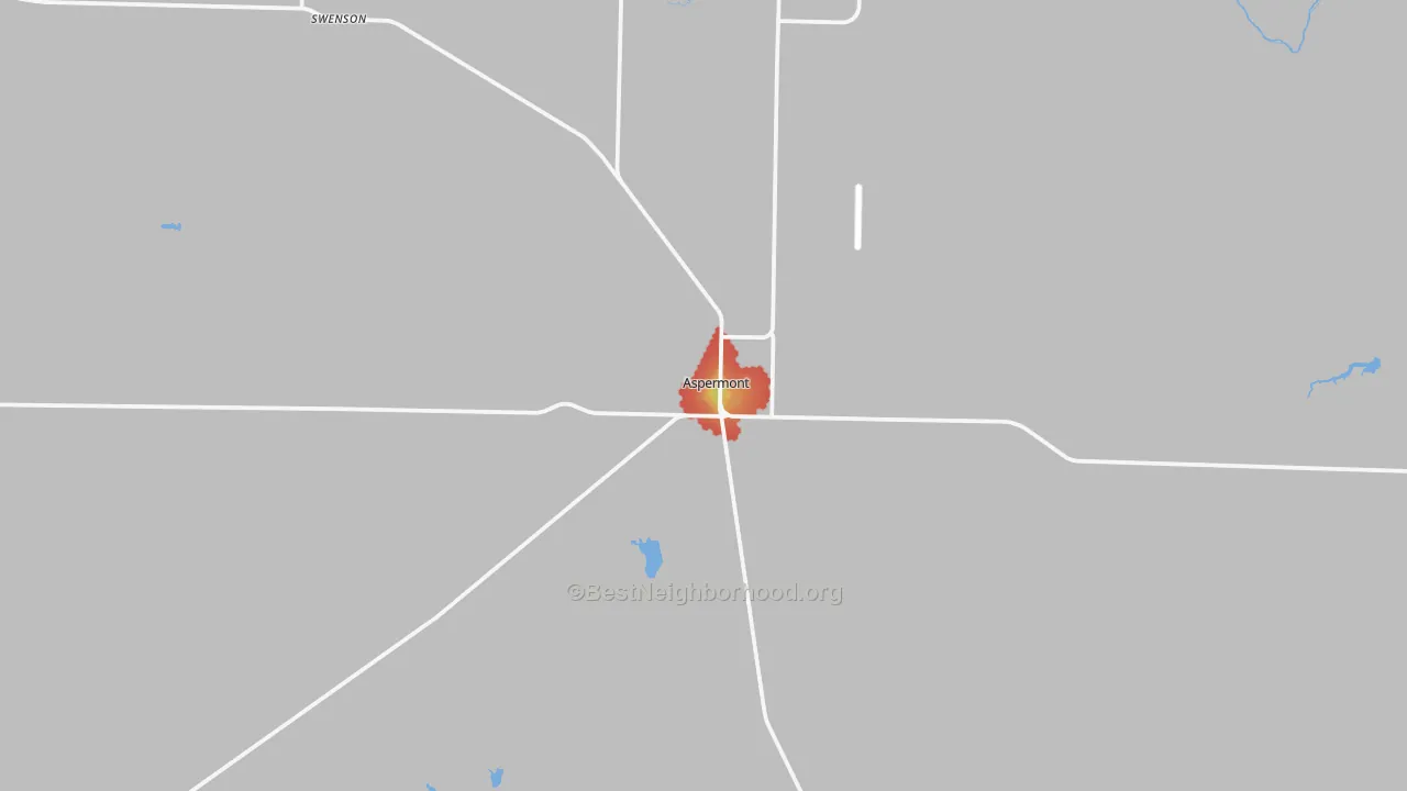 Walk Grade map of Aspermont, TX, walkable areas in green and car-dependent areas in red