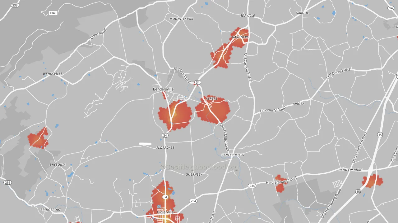 Walk Grade map of Aspers, PA, walkable areas in green and car-dependent areas in red