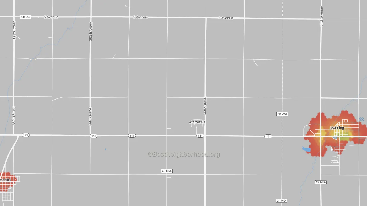 Walk Grade map of Aspinwall, IA, walkable areas in green and car-dependent areas in red