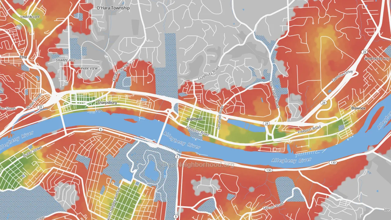 Walk Grade map of Aspinwall, PA, walkable areas in green and car-dependent areas in red