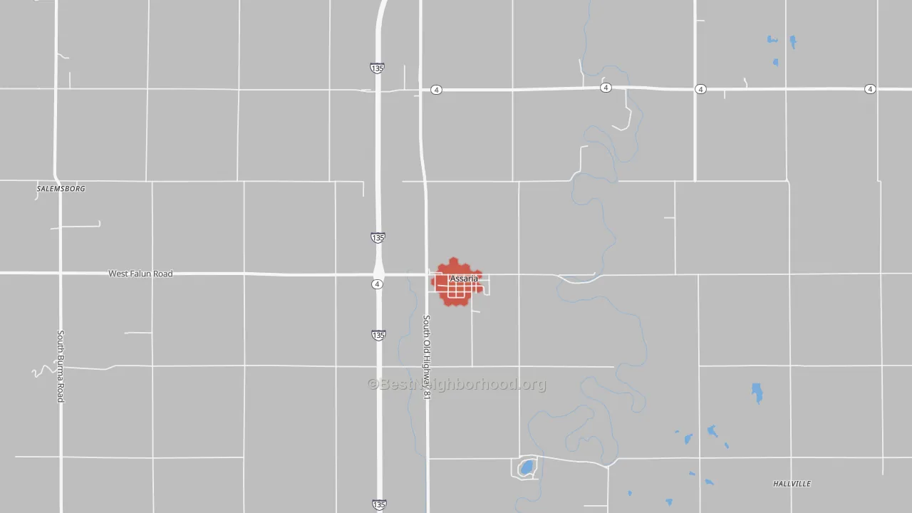 Walk Grade map of Assaria, KS, walkable areas in green and car-dependent areas in red