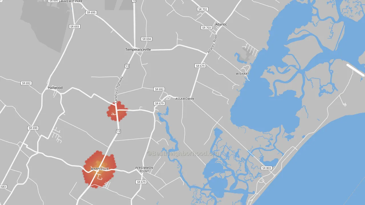 Walk Grade map of Assawoman, VA, walkable areas in green and car-dependent areas in red
