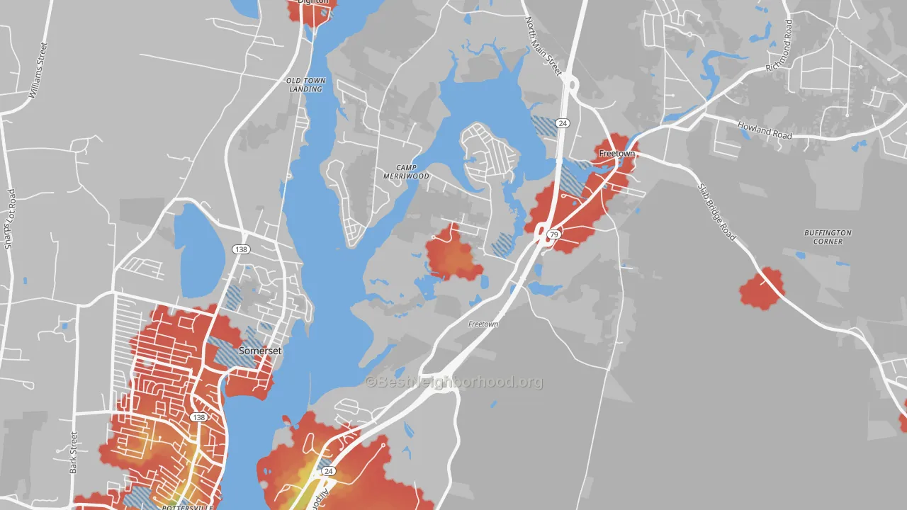Walk Grade map of Assonet Bay Shores, MA, walkable areas in green and car-dependent areas in red