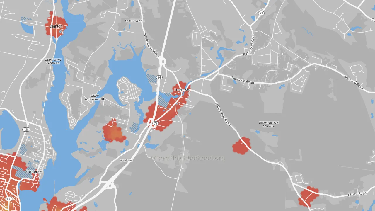 Walk Grade map of Assonet, MA, walkable areas in green and car-dependent areas in red