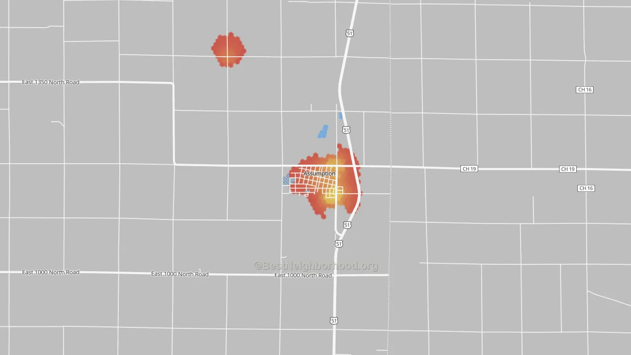 Walk Grade map of Assumption, IL, walkable areas in green and car-dependent areas in red