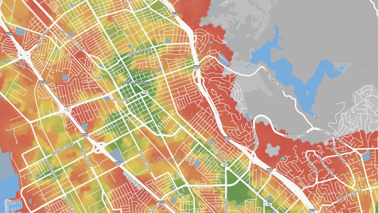 Walk Grade map of Assumption Parish, San Leandro, CA, walkable areas in green and car-dependent areas in red