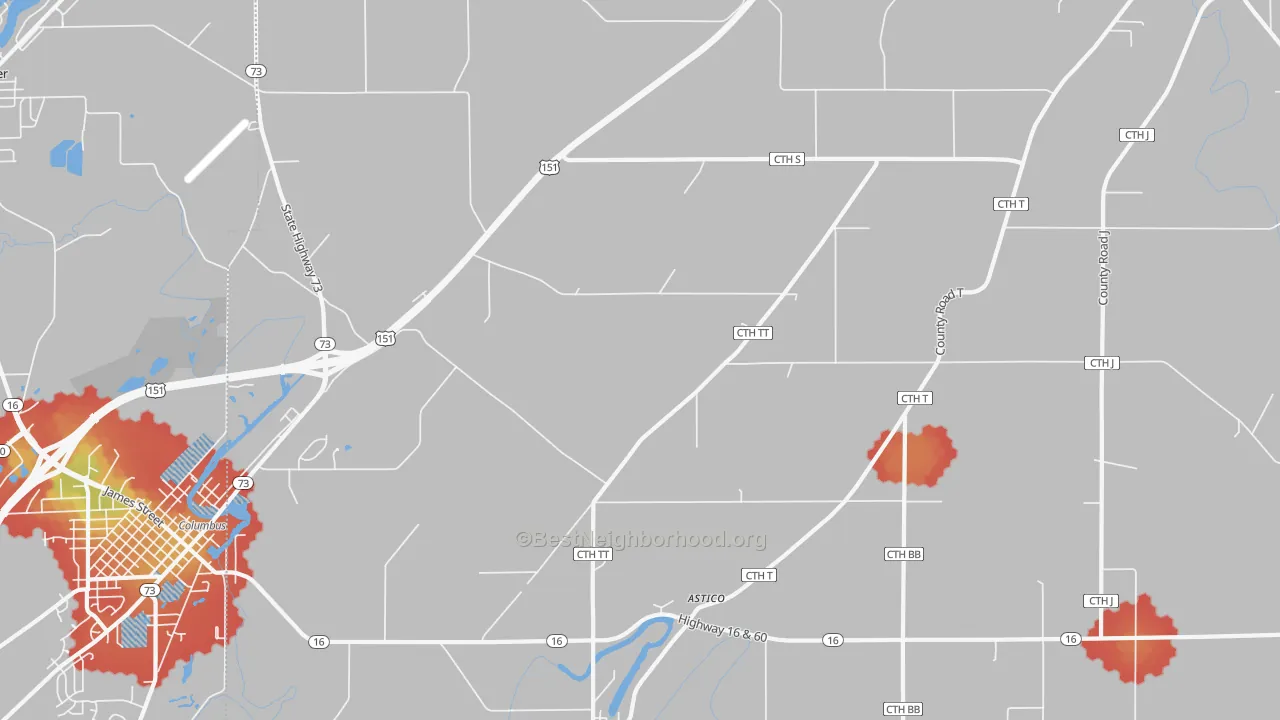 Walk Grade map of Astico, WI, walkable areas in green and car-dependent areas in red