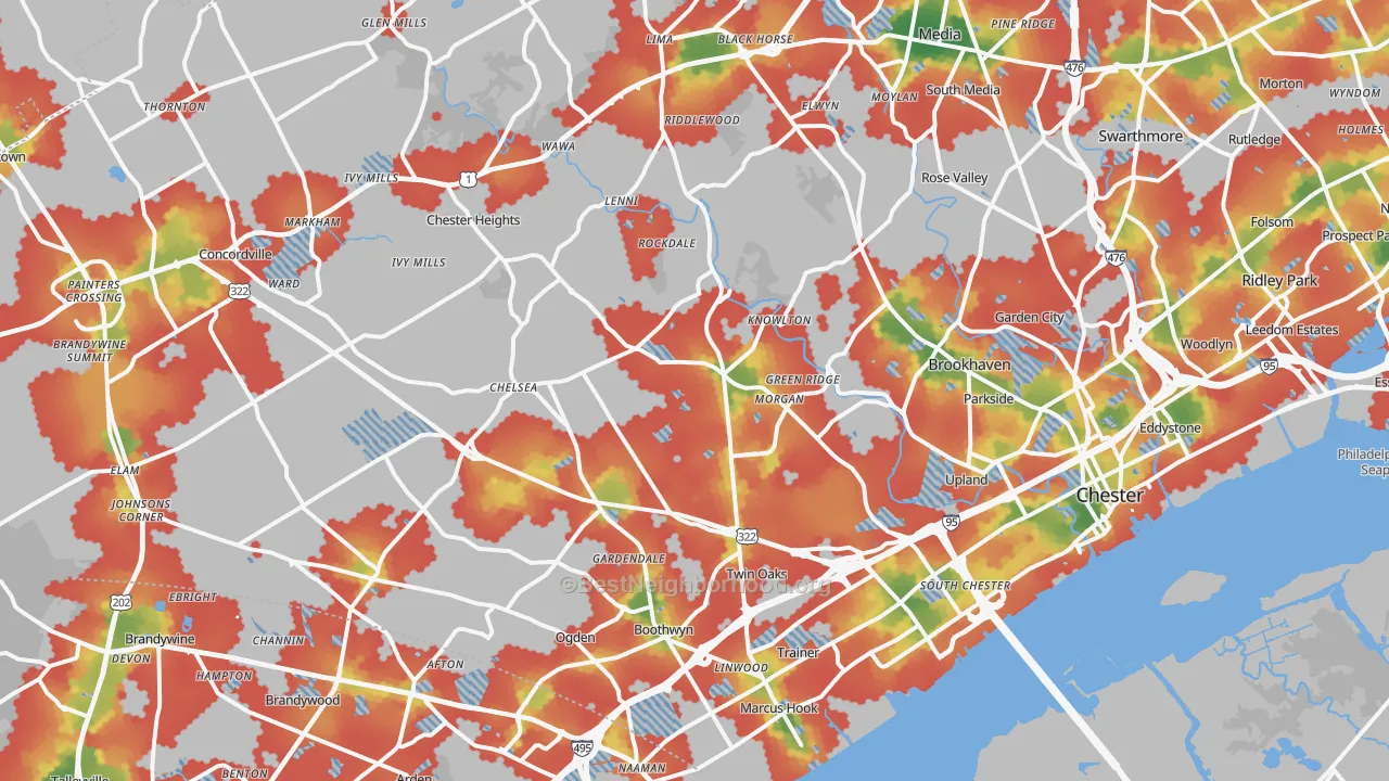 Walk Grade map of Aston, PA, walkable areas in green and car-dependent areas in red