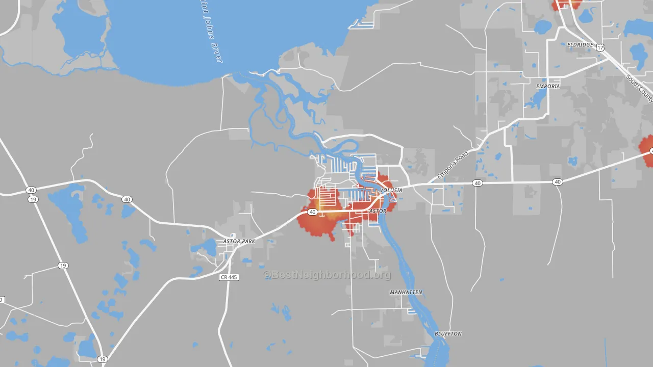 Walk Grade map of Astor, FL, walkable areas in green and car-dependent areas in red