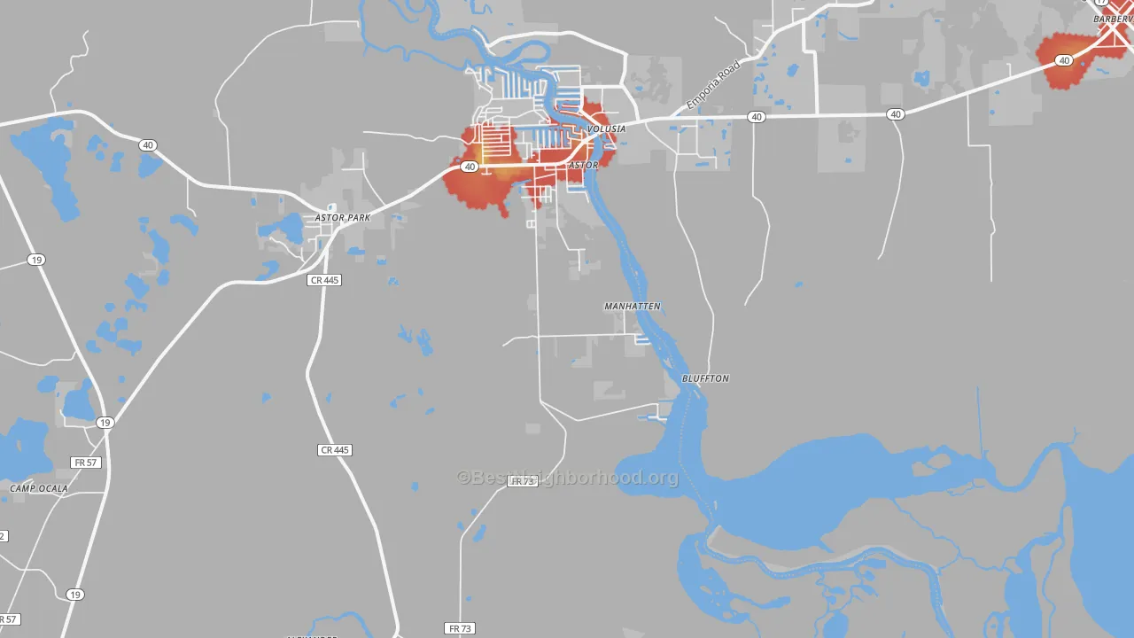 Walk Grade map of Astor Park, FL, walkable areas in green and car-dependent areas in red