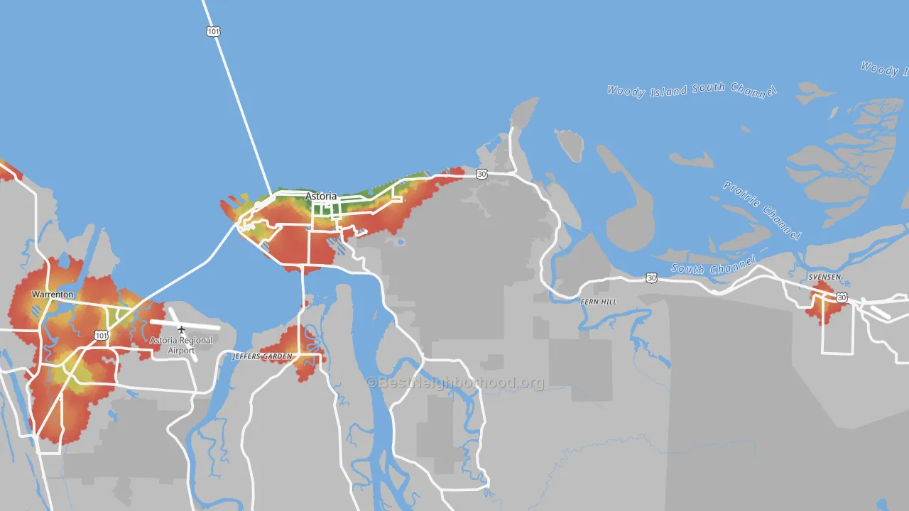 Walk Grade map of Astoria, OR, walkable areas in green and car-dependent areas in red