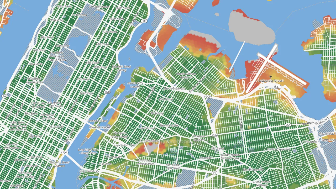 Walk Grade map of Astoria, Queens, NY, walkable areas in green and car-dependent areas in red