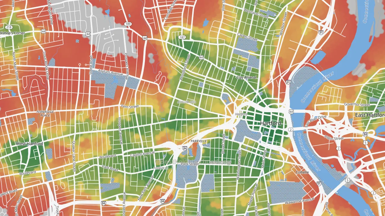 Walk Grade map of Asylum Hill, Hartford, CT, walkable areas in green and car-dependent areas in red