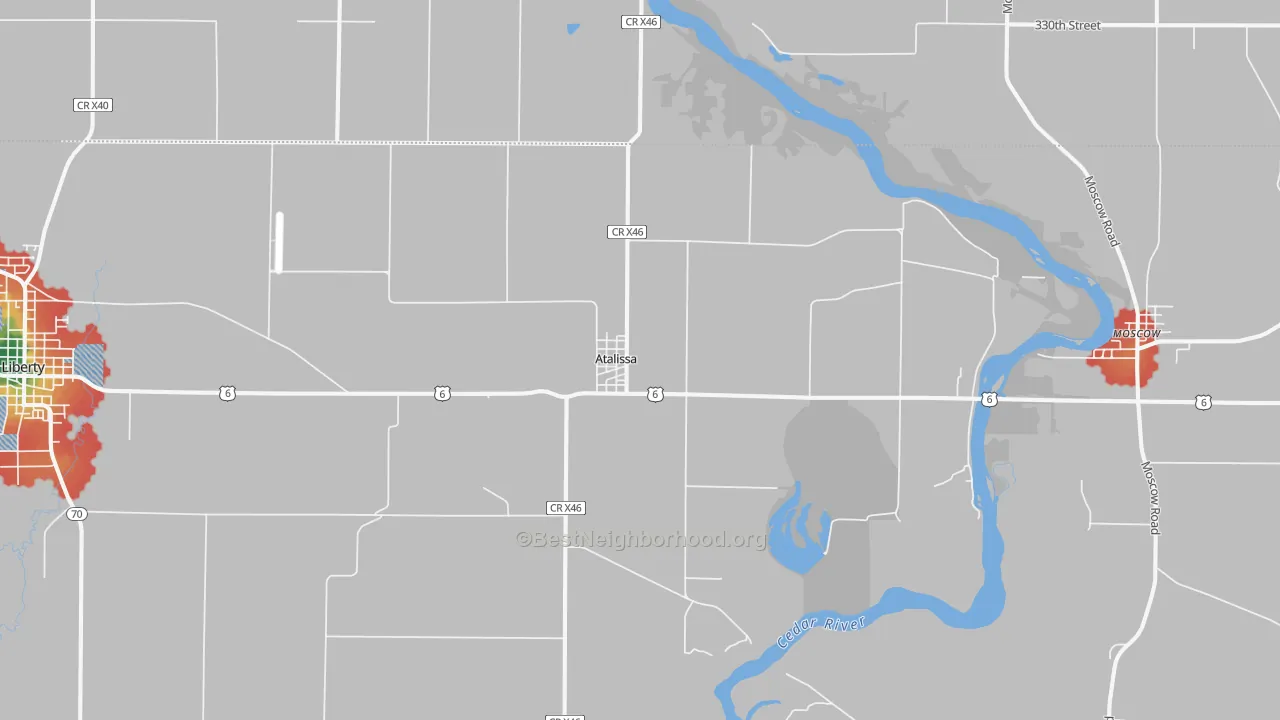 Walk Grade map of Atalissa, IA, walkable areas in green and car-dependent areas in red