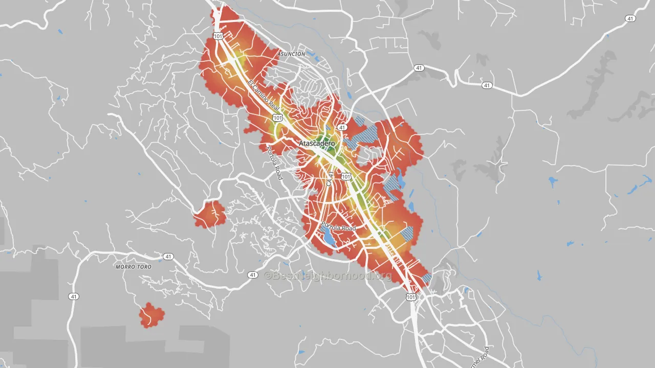 Walk Grade map of Atascadero, CA, walkable areas in green and car-dependent areas in red