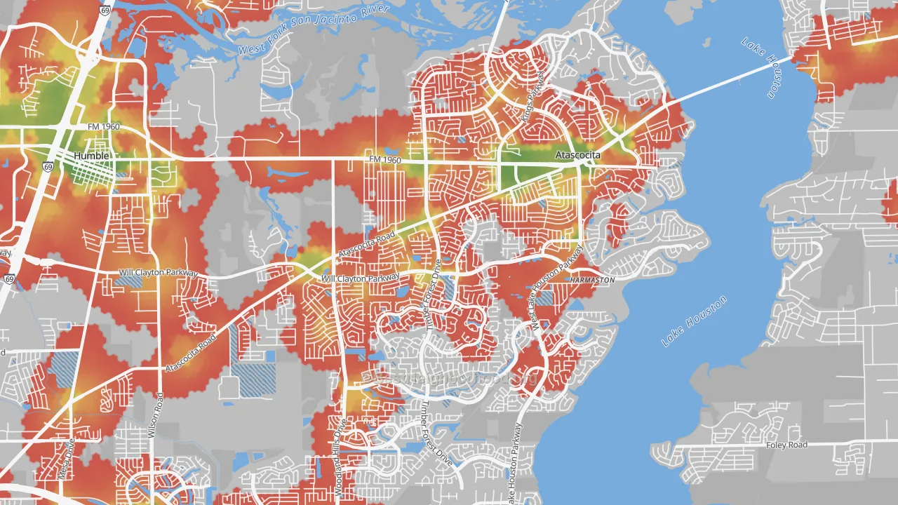 Walk Grade map of Atascocita, TX, walkable areas in green and car-dependent areas in red
