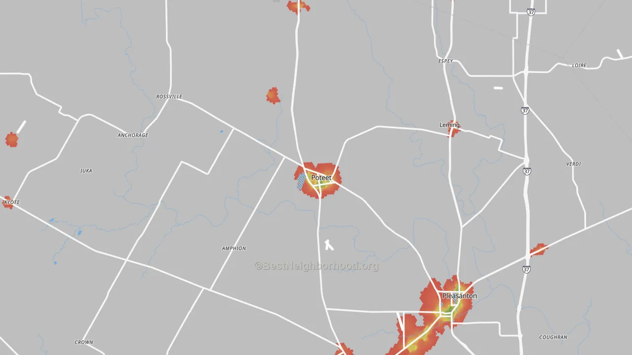 Walk Grade map of Atascosa County, TX, walkable areas in green and car-dependent areas in red