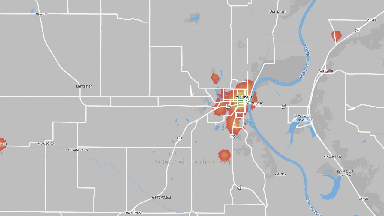 Walk Grade map of Atchison County, KS, walkable areas in green and car-dependent areas in red