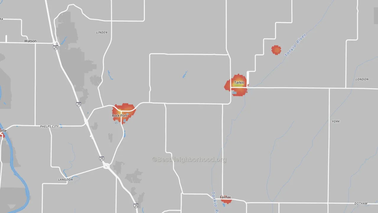Walk Grade map of Atchison County, MO, walkable areas in green and car-dependent areas in red