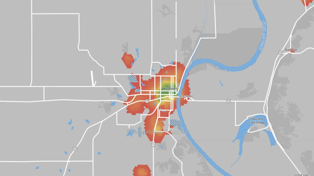 Walk Grade map of Atchison, KS, walkable areas in green and car-dependent areas in red