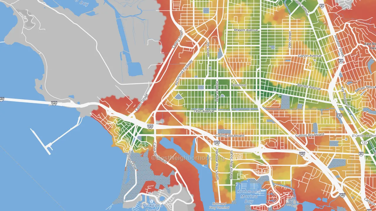 Walk Grade map of Atchison Woods, Richmond, CA, walkable areas in green and car-dependent areas in red