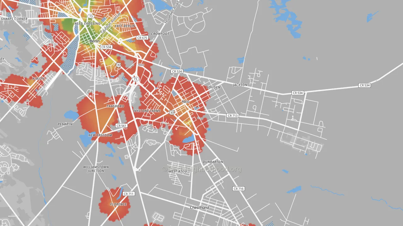 Walk Grade map of Atco, NJ, walkable areas in green and car-dependent areas in red