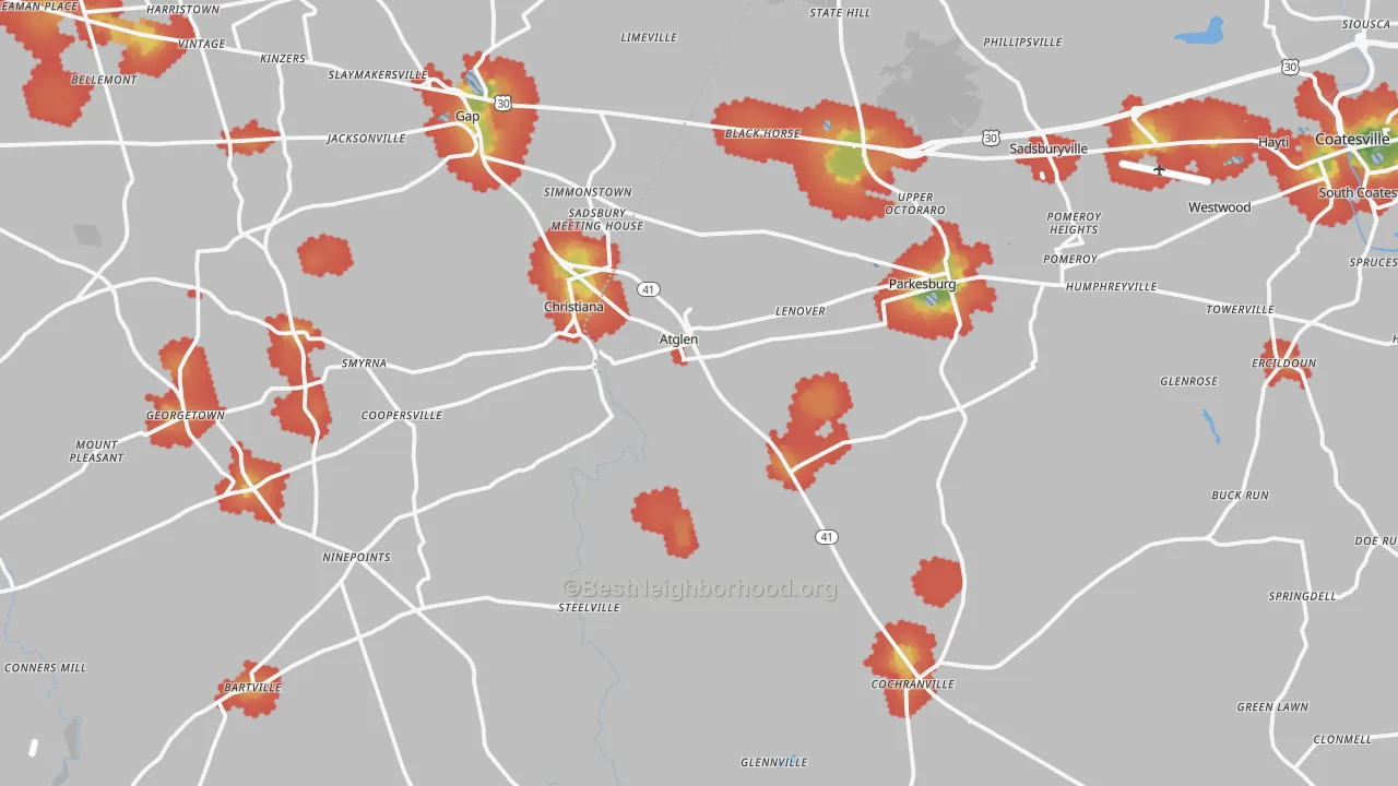 Walk Grade map of Atglen, PA, walkable areas in green and car-dependent areas in red