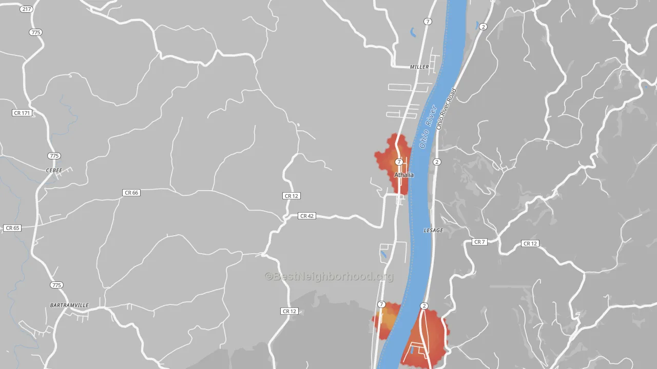 Walk Grade map of Athalia, OH, walkable areas in green and car-dependent areas in red