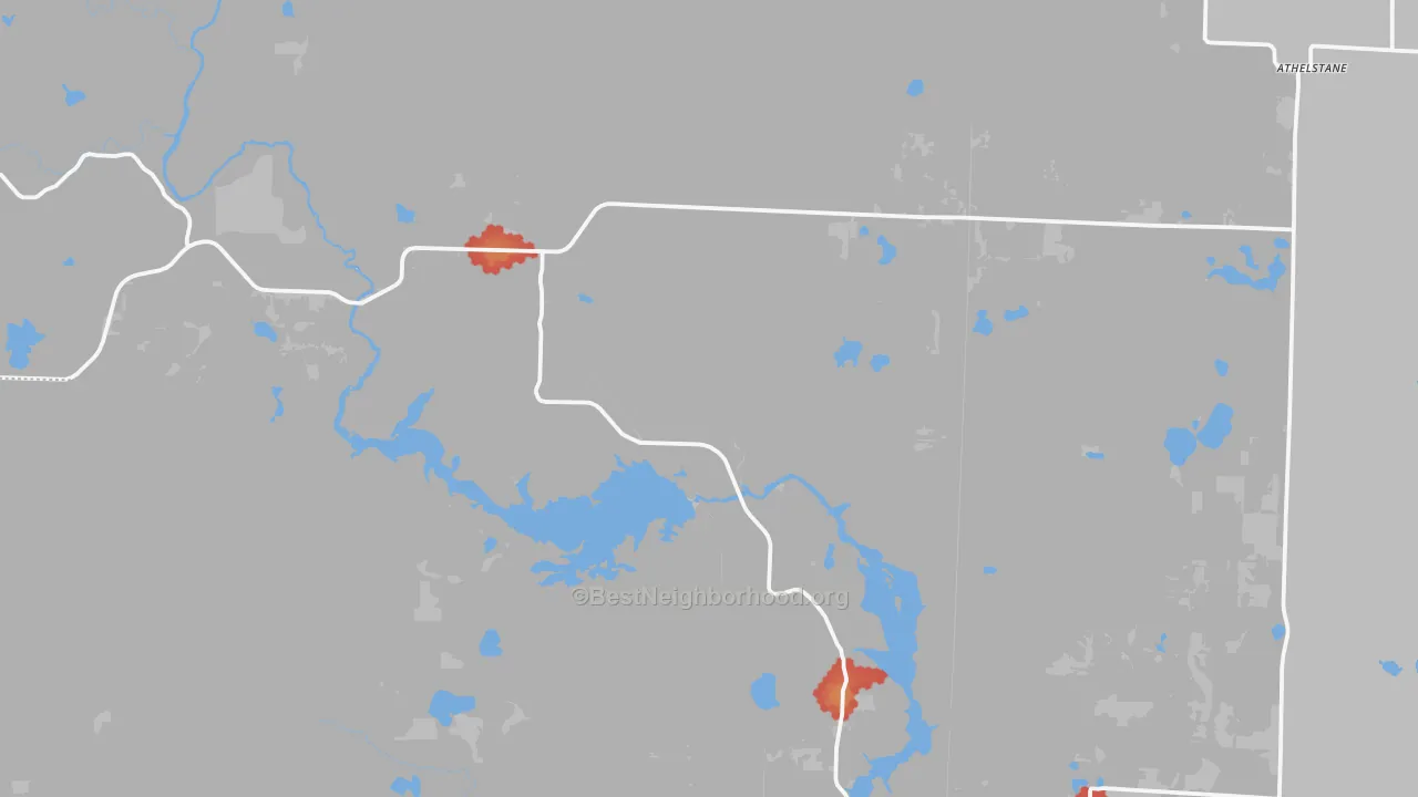 Walk Grade map of Athelstane, WI, walkable areas in green and car-dependent areas in red