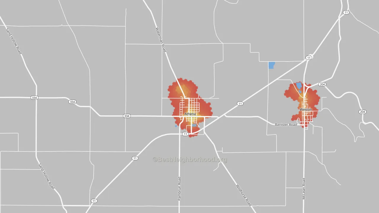 Walk Grade map of Athena, OR, walkable areas in green and car-dependent areas in red