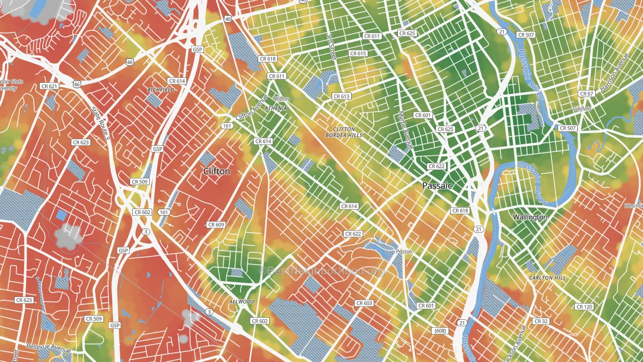 Walk Grade map of Athenia, Clifton, NJ, walkable areas in green and car-dependent areas in red