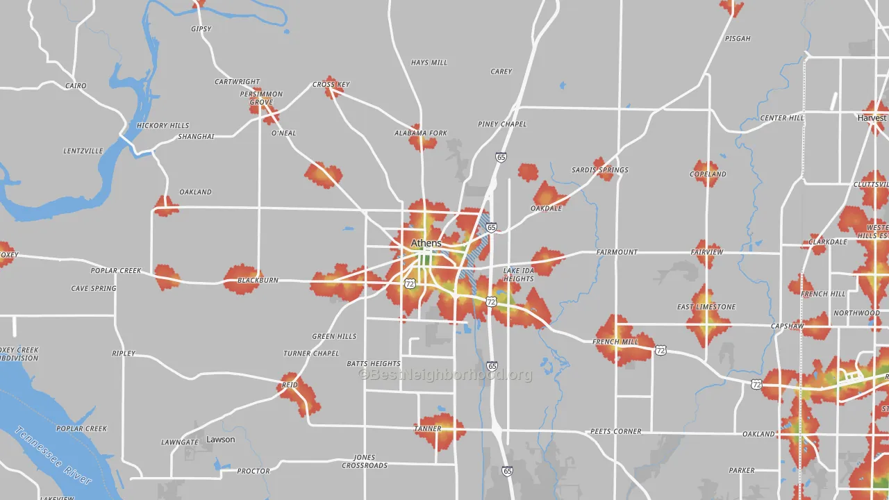 Walk Grade map of Athens, AL, walkable areas in green and car-dependent areas in red