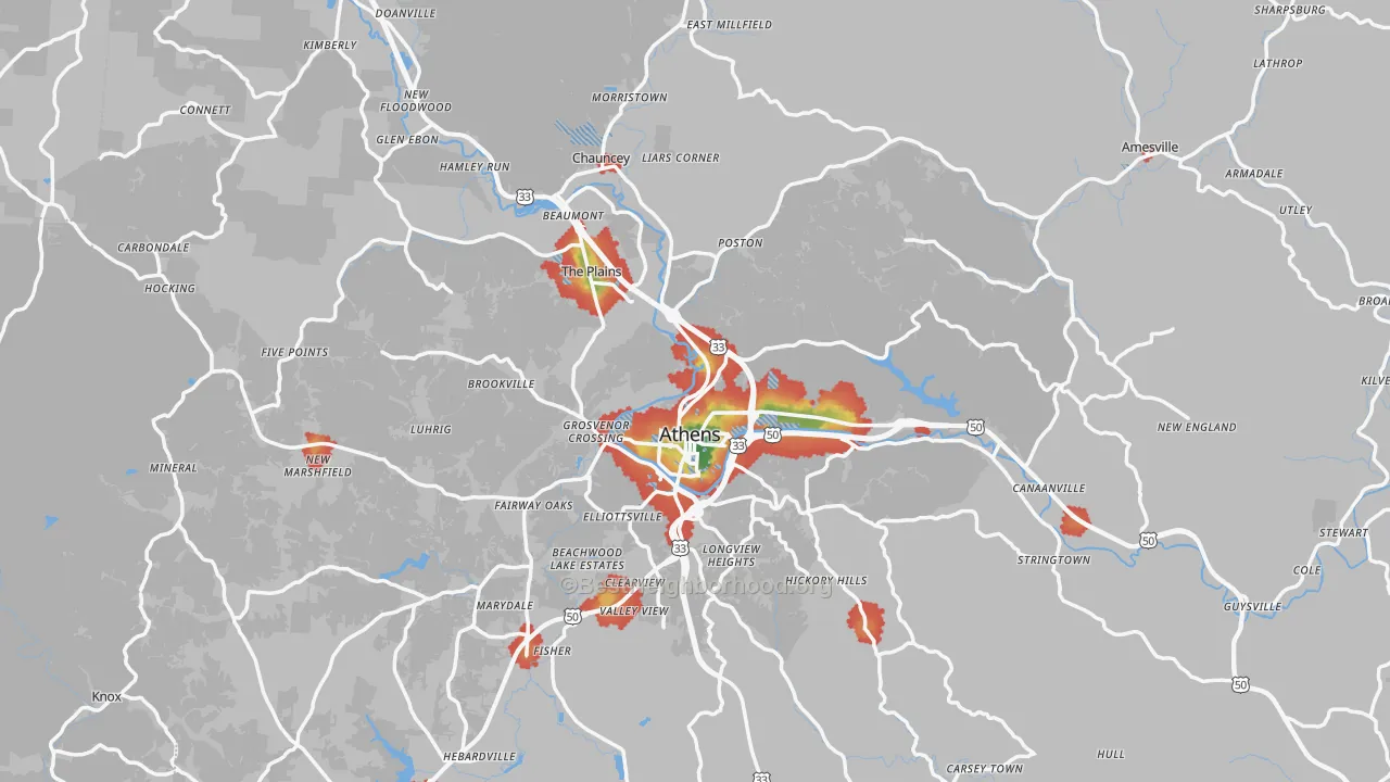 Walk Grade map of Athens County, OH, walkable areas in green and car-dependent areas in red