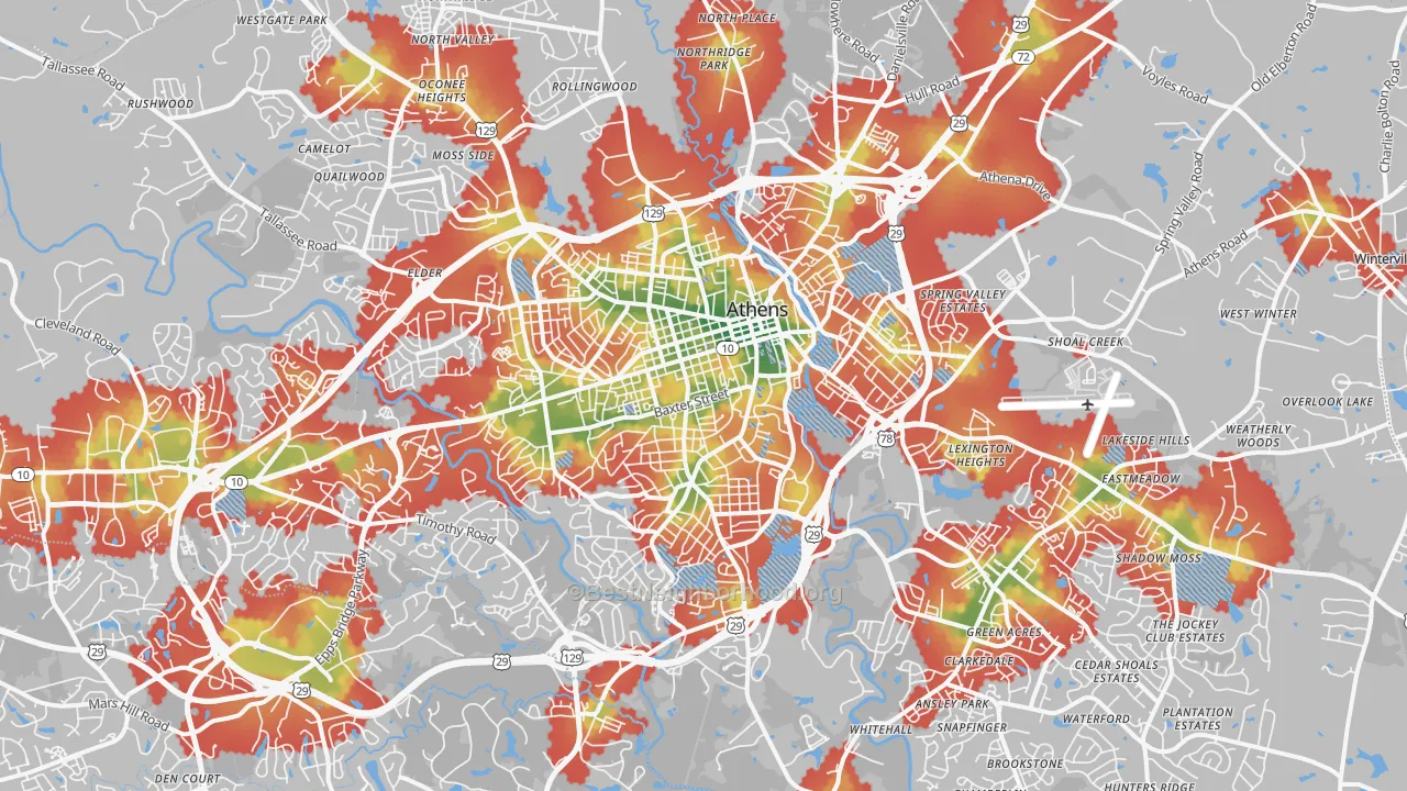 Walk Grade map of Athens, GA, walkable areas in green and car-dependent areas in red