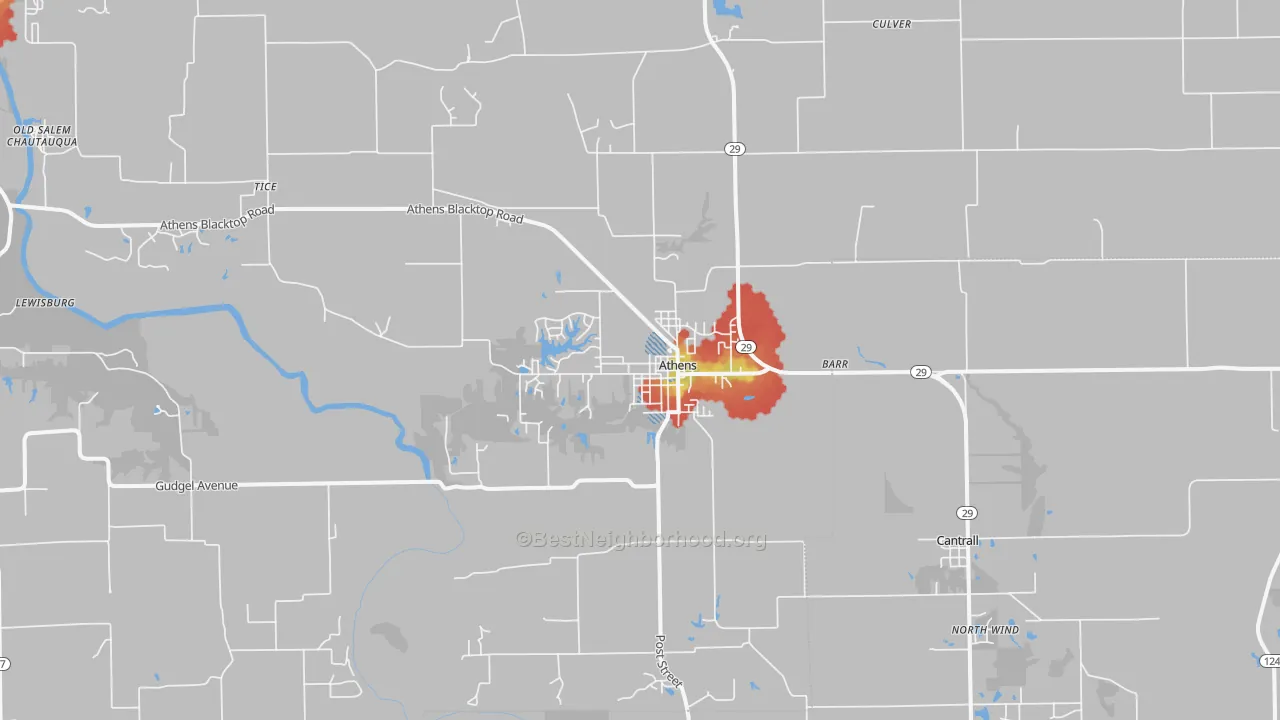 Walk Grade map of Athens, IL, walkable areas in green and car-dependent areas in red