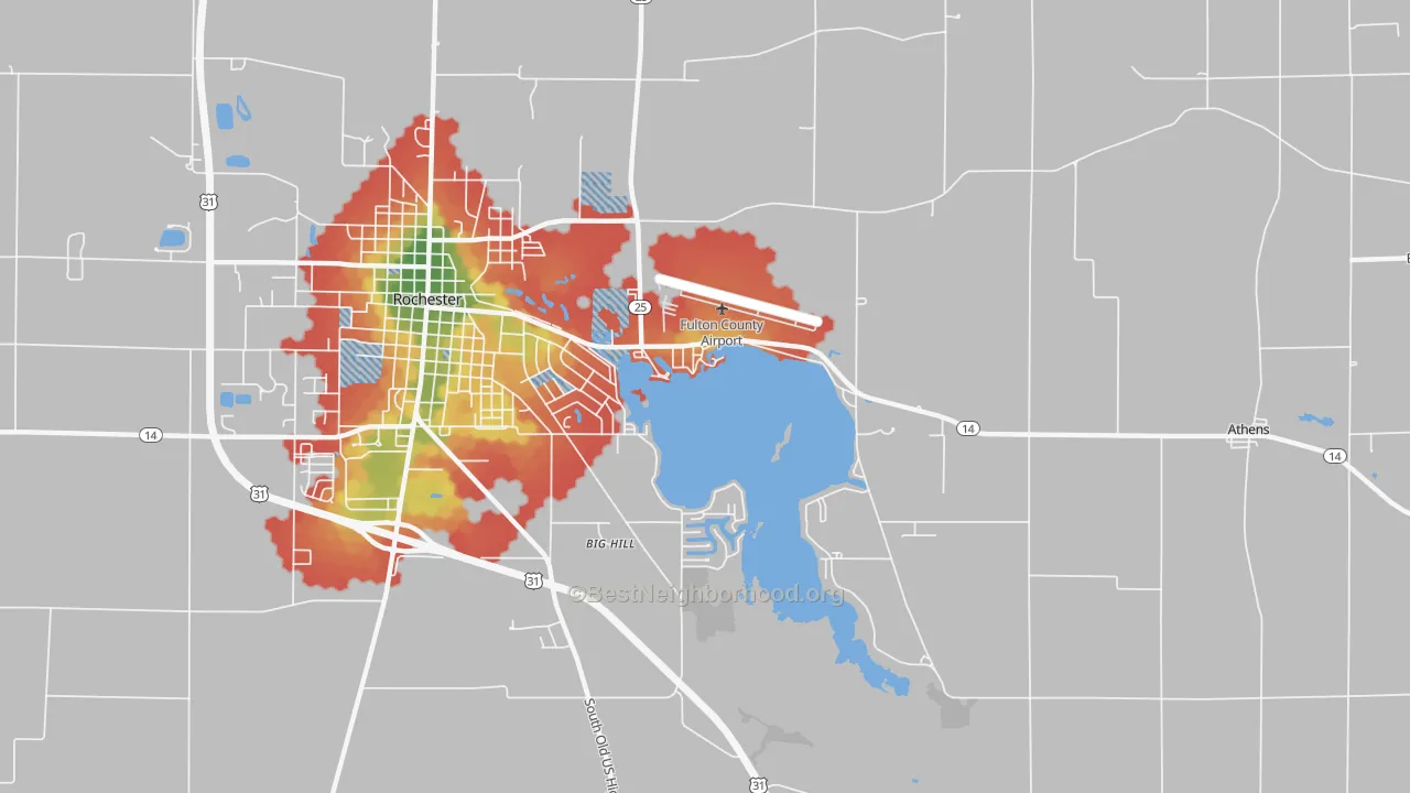 Walk Grade map of Athens, IN, walkable areas in green and car-dependent areas in red