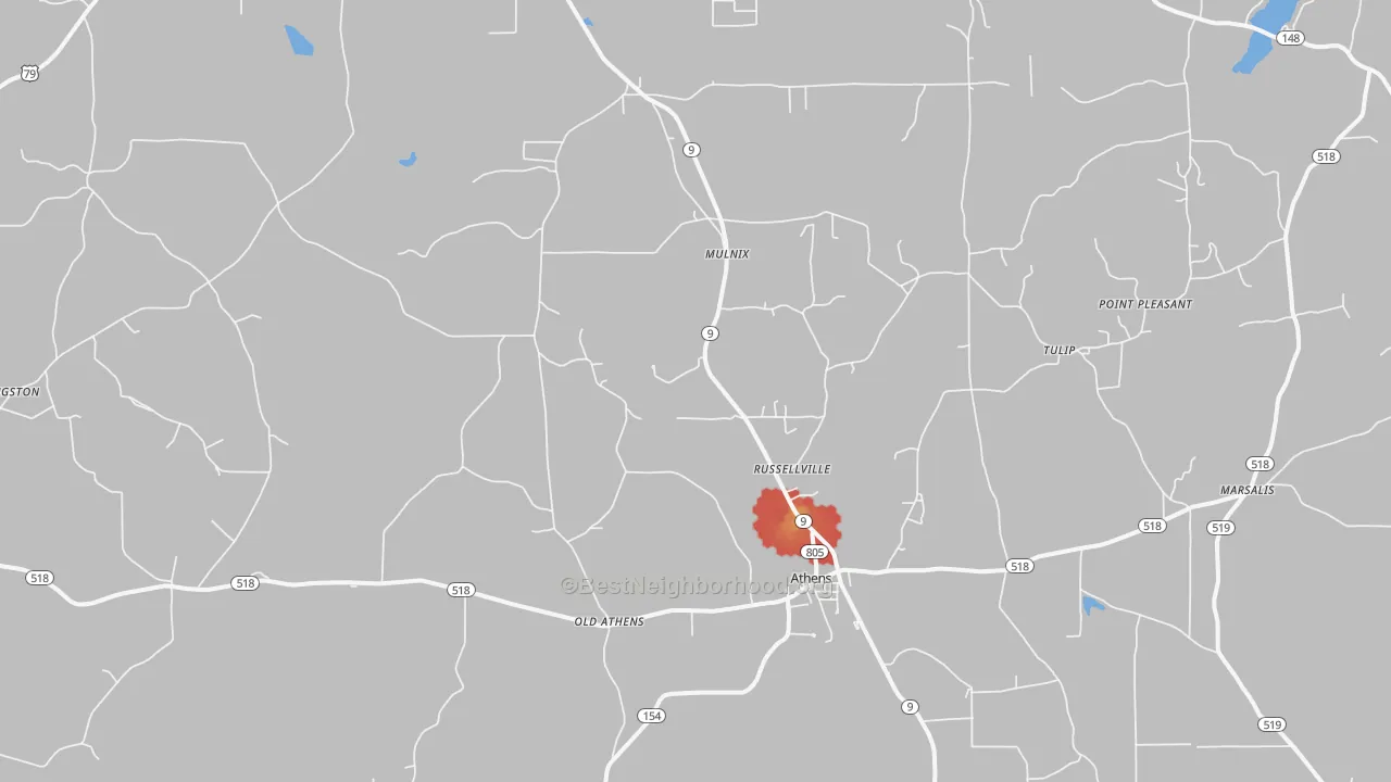 Walk Grade map of Athens, LA, walkable areas in green and car-dependent areas in red