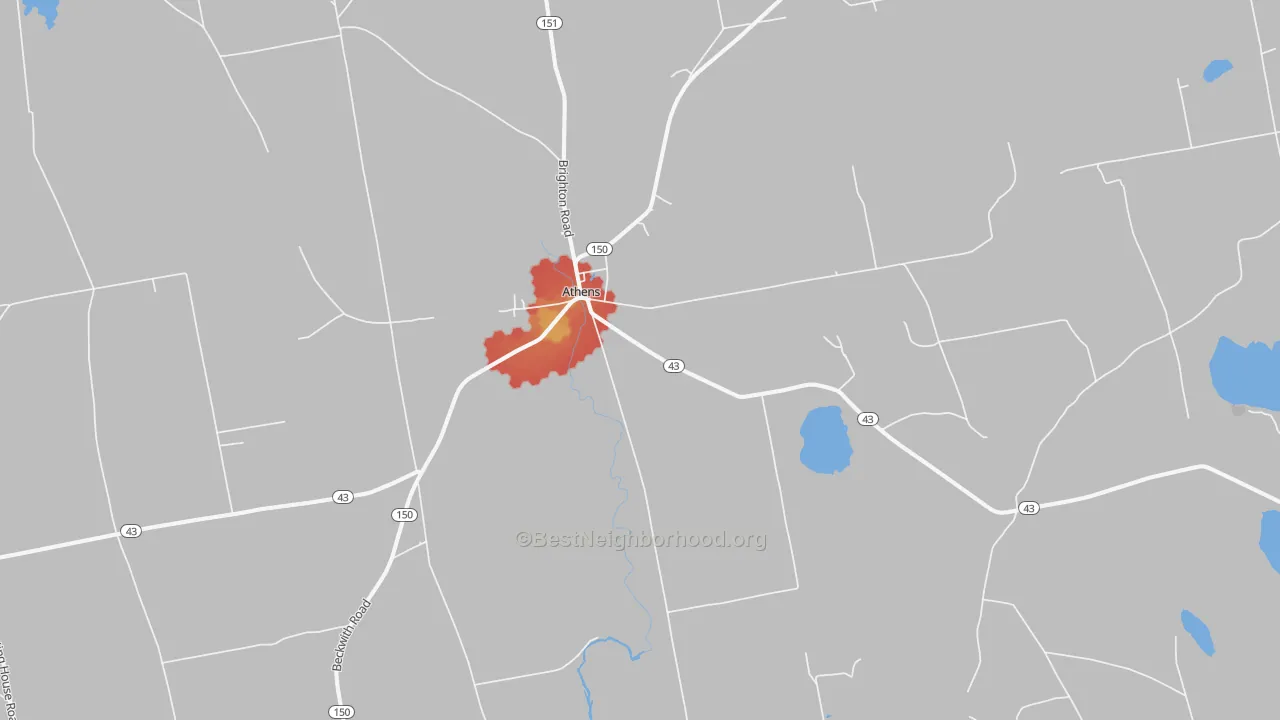 Walk Grade map of Athens, ME, walkable areas in green and car-dependent areas in red